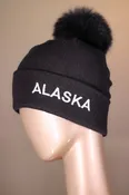 Black Acrylic Beanie with Fox Pom-Pom