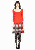 Christiane - Knitted, 3/4 Sleeve Red Dress with Grey Motif