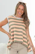 Apricot And Olive Stripe High Low Tank Top
