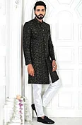 Black Jacquard Weavad Zari Straight Cut Men Sherwani