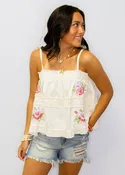 Cream Denim Floral Embroidery Top