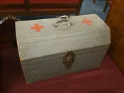 Lot 176 - Vintage Wooden First Aid Box with Red Cross Markings and Contents, 19" L