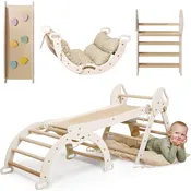 4-in-1 Pikler Triangle Set for Toddlers: Climbing Triangle + Arch Rocker + Slide Board + Cushion – Ivory (Ages 1–3)