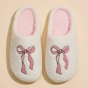 Elegant Plush Slippers with Soft Pink Bow Detail for Christmas Gift