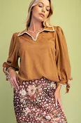 Camel V-Neck Suede Top - by Easel
