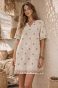 Beige Lightweight Linen-Feel Embroidered Tunic Top – Relaxed Fit with Border Detail