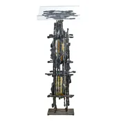 Brutalist Hammered Iron Podium with Art Glass Insert Panels and Lucite Top