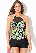 Adjustable Mesh High Neck Tankini Set with Boy Short