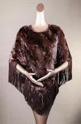 Diagonal-Cut Sectional Mink Poncho with Suede Fringes