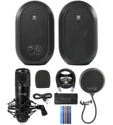 blucoil JBL Professional 1 Series 104-BT Compact Desktop Reference Monitors with Bluetooth, Black, Sold as Pair Bundle Condenser XLR Microphone, Pop Filter, 10' XLR Cable and 5X Cable Ties