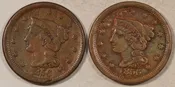 1855 UPRIGHT 55 1856 SLANTED 5 BRAIDED HAIR LARGE CENTS HIGH GRADE, MINOR ISSUES