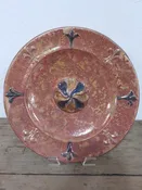 Antique Spanish Terracotta Lustreware Plate with Blue Fleur de Lis Detail from Manises, Valencia
