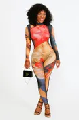 Abstract Art Print Long Sleeve Sheer Catsuit