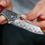 Artisan Crest Damascus Folding Knife – Wooden Handle Clip Point Folder with Leather Carry Case
