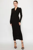 Black Collared Zip Front Long Sleeve Knit Maxi...