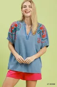 Embroidered Denim Puff Sleeve Top