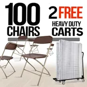 100 Brown Plastic Folding Chair Bundle with 2 Heavy Duty Carts and Safety Straps