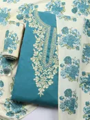 Aqua Blue Embroidered Cotton Blend Unstitched Suit & Pant With Cotton Dupatta