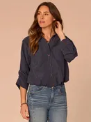 3/4 Tucked Sleeve Button Down Bubble Hem Top