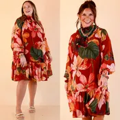 Autumn Romance Ruffle Neck Long Sleeve Floral Peplum Dress in Rust Red Multi