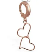 14K Rose Gold Belly Button Ring with Floating Double Heart Dangle, Navel clicker