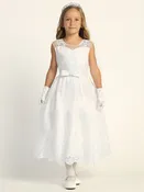 203 Girls White First Communion Dress w/ Corded Tulle & Sequins