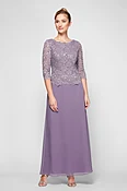 Lace and Chiffon A-Line Dress with Sheer Sleeves