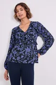 Blue Floral Empire Seam Frill Detail Printed Jersey Top
