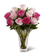 18 Stems of Light Pink and Hot Pink Roses in CLEAR vase