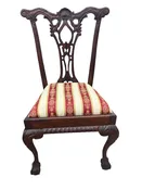 1950s Chippendale Revival mahogany side chair w/ red/yellow stripes, 39.25" h, 2
