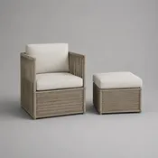 Ensemble de jardin 2 pièces en aluminium, corde de polypropylène beige et tissu écru – fauteuil 73 × 67 × 79 cm et repose-pieds 48 × 58 × 42 cm