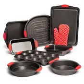 9 Piece Baking Pans Set Non Stick, Oven Safe Baking Sheet Set Carbon Steel Non-Stick PTFE Coating, Bakeware Set With Heat Red Silicone Handles, Black Baking Trays For Oven