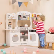 Corner Wooden Play Kitchen with Coffee Machine and Slide for Kids-White