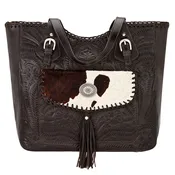 Annie’s Secret Large Zip Top Tote with Hair On Front Pocket and Conceal Carry Pocket - Hand Tooled Genuine Leather