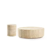 Alo Cylinder Travertine Drum Side Table & Coffee Table Set