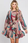 Abstract Print Belted Long Sleeve Mini Dress