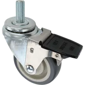 3-1/2" x 1-1/4" Grey Polyurethane Wheel Swivel Caster w/ Face Contact Brake, 20mm-2.5 x 1-3/4" Threaded Stem - 300 lbs Capacity