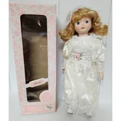 Vintage 16" Lazarus Porcelain Doll “Sarah” w/ Stand & Box – Bridal Gown