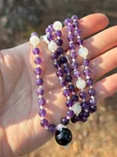 Spiritual Link Mala, Amethyst + Moonstone 108 Bead Handmade + Knotted Mala