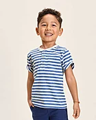 Boys Striped Linen-Blend Henley Top - Linen Edit - Green