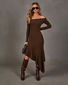 Abby Knit Lace Off the Shoulder High Low Midi Dress