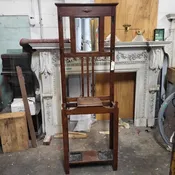 Small Antique Oak Hall Tree w/ Beveled Mirror — Architectural Salvage