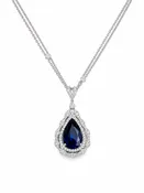 Blue Gemstone Pear Halo Pendant Necklace