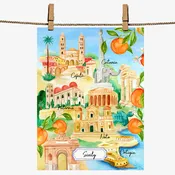 100% Linen Kitchen Towel, Made in Italy, Watercolor Sicily Art