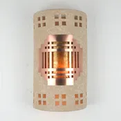 14″ Wall Light-Mission Copper Cover-Windows Borders-Closed Top (Dark Sky) Half Round-Silver Mica Lens-Tan Tone-Indoor-Outdoor