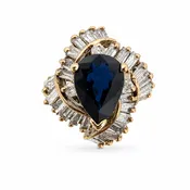 14K Yellow Gold Pear-Shape Sapphire Ring with Baguette Diamond Halo