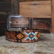 3D Belt Men’s Aztec Beaded Embossed Tan Weaved Leather Belt