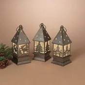10.43"H B/O Lighted Metal Spinning Water Globe Lantern w/ Timer, 3 Asst