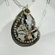 Dendritic Snowy Drusy Agate with Rutilated Quartz Pendant with 14k Gold Accents, 18 inch Paper Clip Sterling Silver Chain