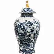 24” HANDPAINTED PORCELAIN JAR BLUE & WHITE AND GOLD LION MOUNTED LID
